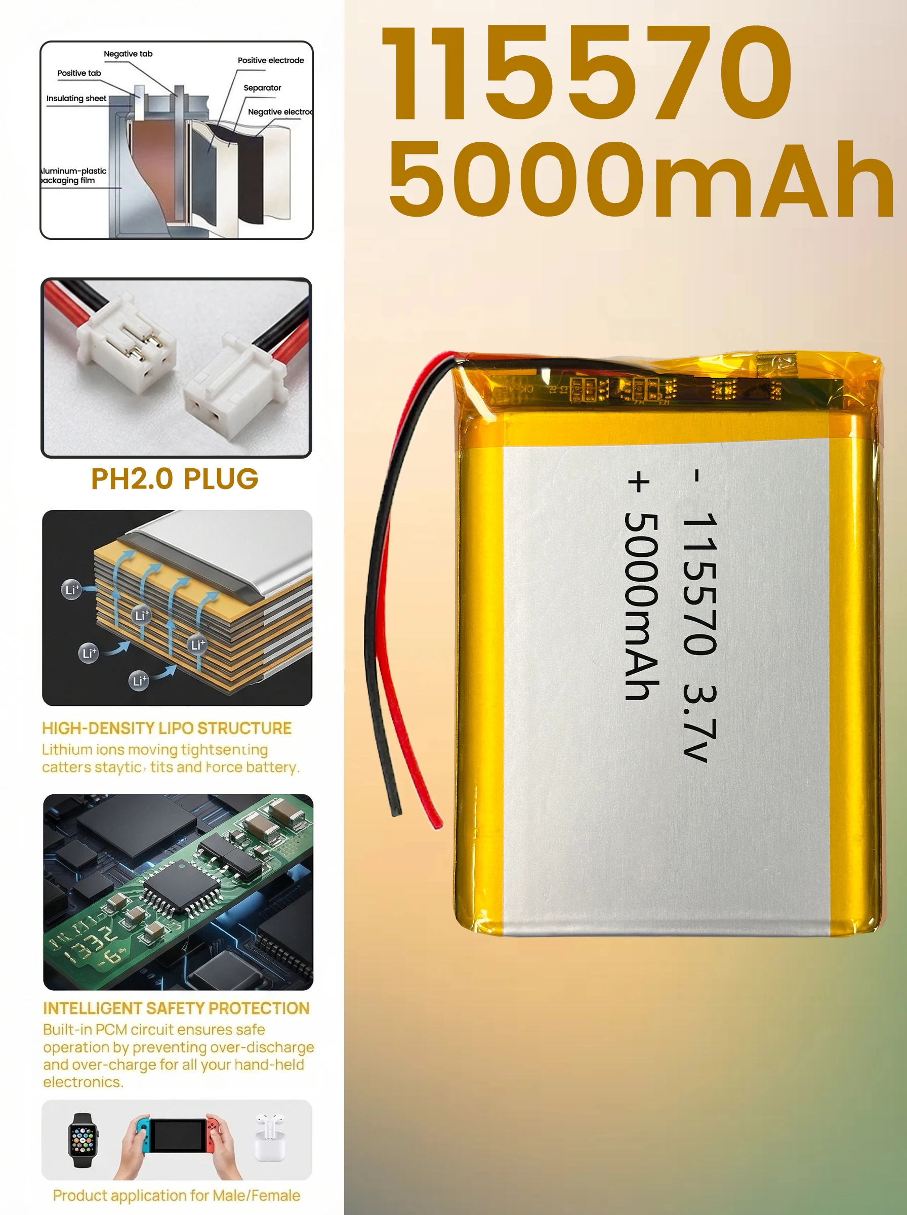 115570 5000mAh 3.7V Rechargeable Polymer Lithium Batteries for 8 Inch 9 Inch MID Tablet Smartphone Accessory Battery