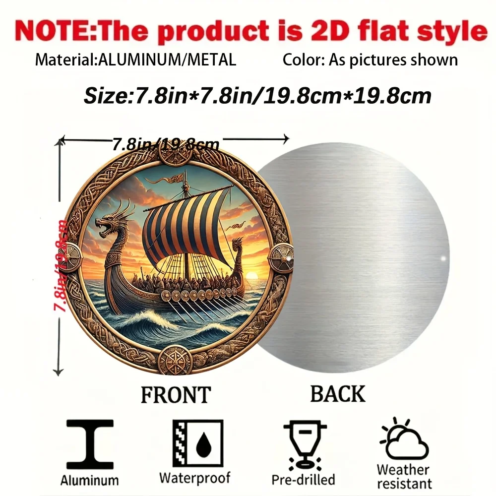 2D Flat Viking Ship & Dragon Round Aluminum Wall Art, 7.8 Inch Durable Metal Decor, Intricate Nordic Design for Home Garden Bar