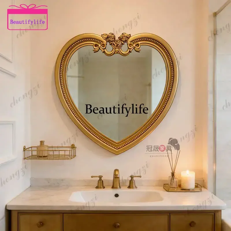European retro love-shaped bathroom mirror wall-mounted gold carved fireplace decorative mirror