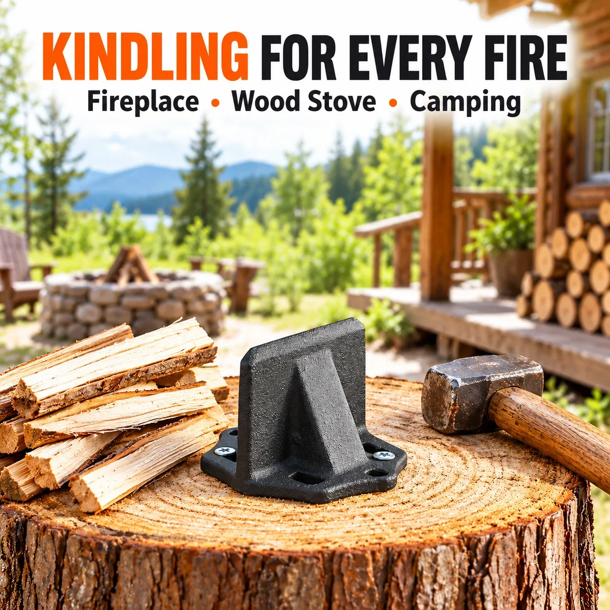 Manual Firewood Kindling Splitter, Steel Wood Splitting Tool with 2 Screws & 2 Washers for Fireplace Wood Stove Outdoor Camping
