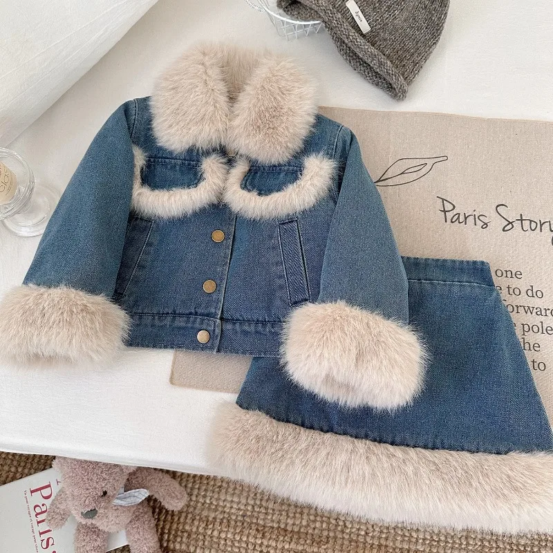 Winter Girls Clothing Sets Warm Velvet Kids Denim Jackets+Skirt Children Casual Clothes Suits Thick Baby Girl Clothes 2-8Yrs