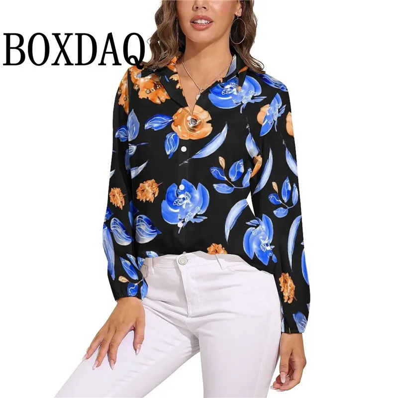 Blue Flower Blouse Orange Floral Print Retro Printed Blouses Women Street Fashion Shirt Autumn Casual Long-Sleeve Lapel Top 2024