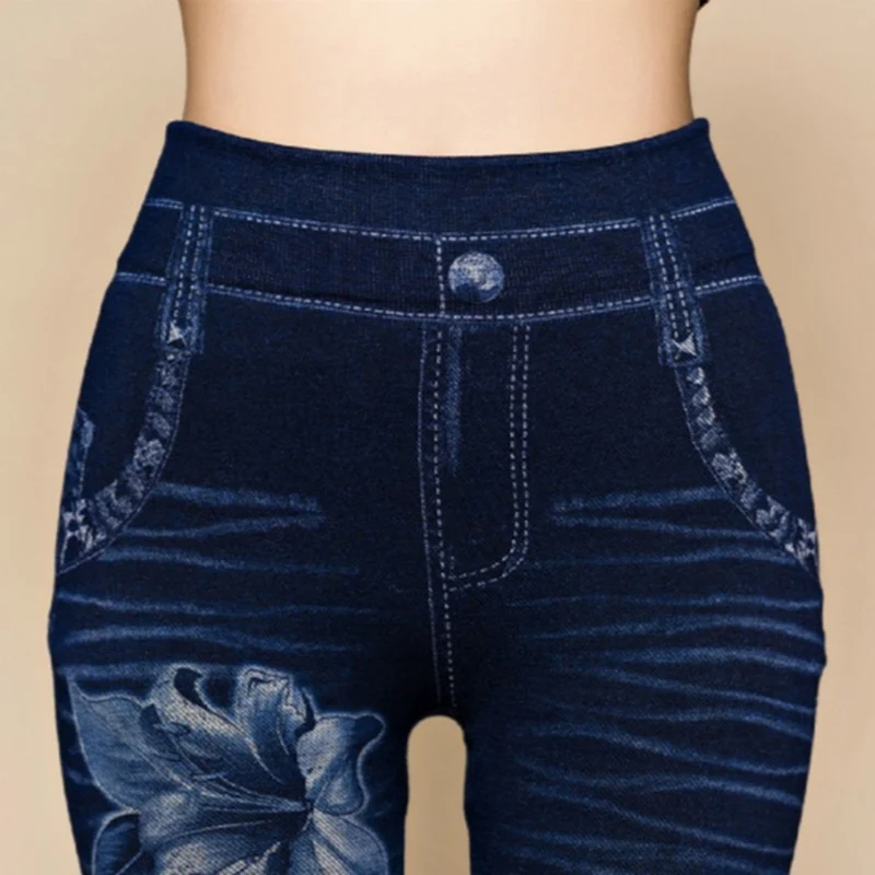 Mallas vaqueras caladas informales para mujer, mallas elásticas para Fitness, pantalones con estampado Floral y agujeros sexys