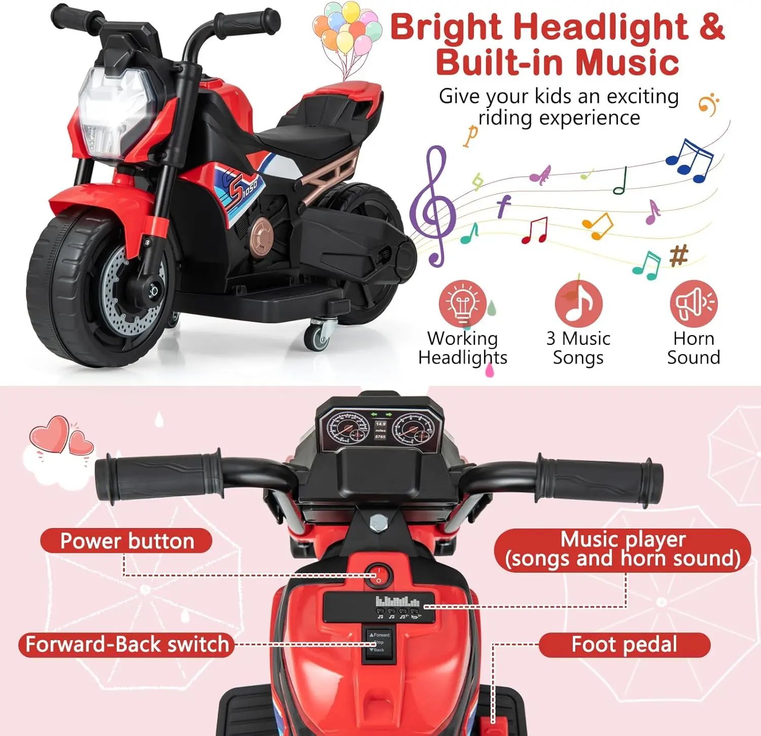 Ride On Motorcycle, 3-wiel peutermotorfiets met LED-licht, muziek, voetpedaal, vooruit/achteruit, uitbreidbaar achterwiel, 6V Ba