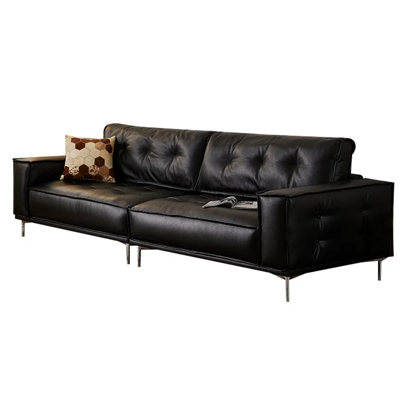 

Medieval French retro oil wax leather sofa black straight row