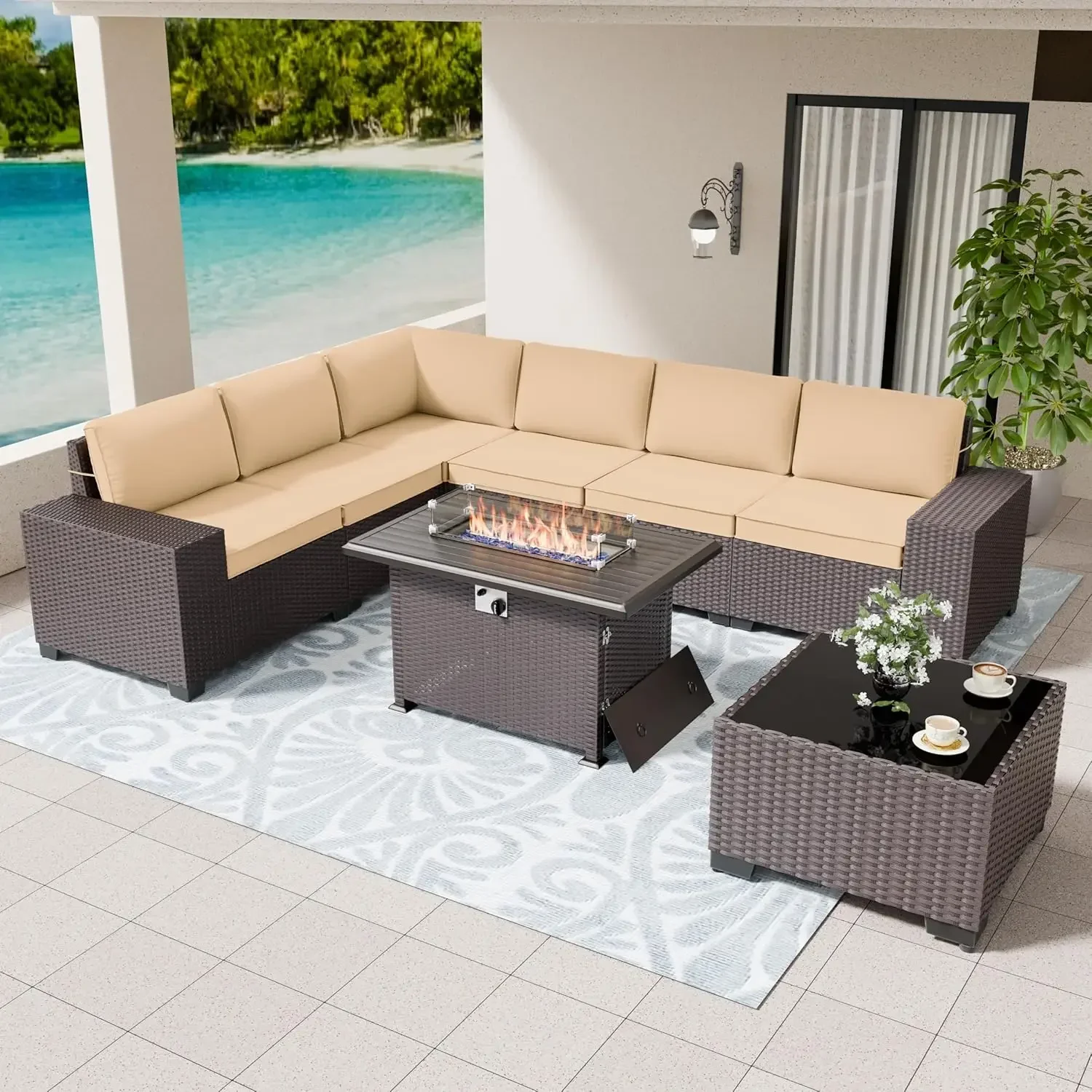 Patio Furniture Set Sofa 7-pcs Wicker Sectional Sofa Set ,Outdoor Furniture Sets Rattan with Tempered Glass Coffee Table