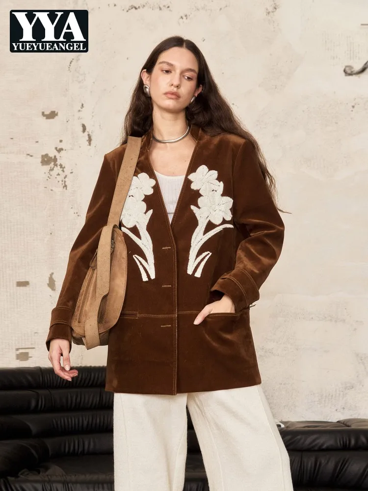 Designer Office Ladies V-Neck Blazers Women Retro Embroidery Flower Suit Jacket Single Breasted Straight Loose Coat Outerwear