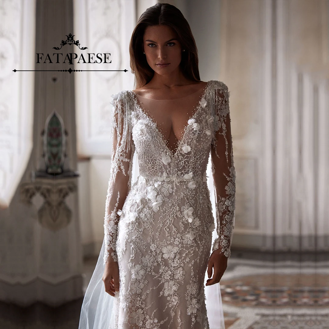 FATAPAESE Customized delicate semi-transparent lace-adorned gown with 3D floral applique and silver shiny Beaded crystals dress