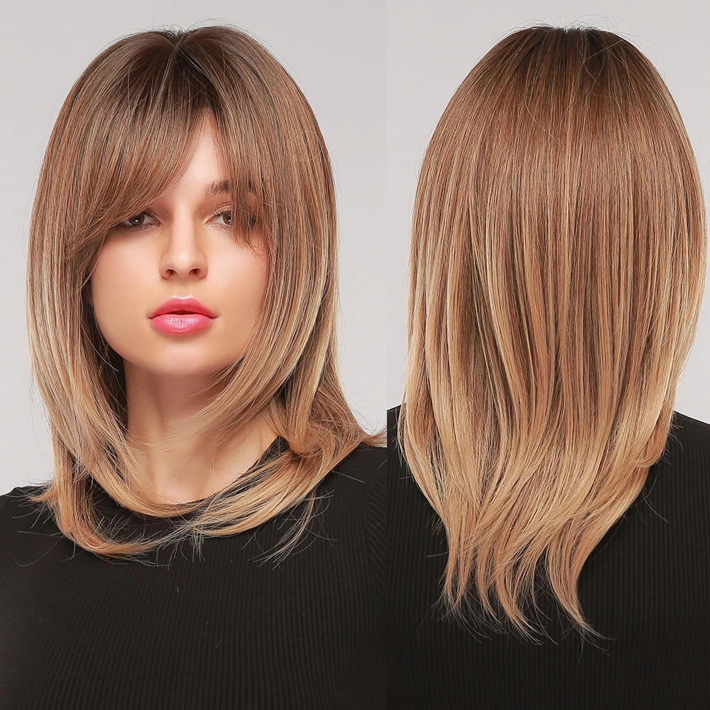 Коричневый синтетический парик Средней длины Прямые волосы с восьмифигурной челкой Натуральные имитационные волосы Легкий дышащий полный чехол на голову