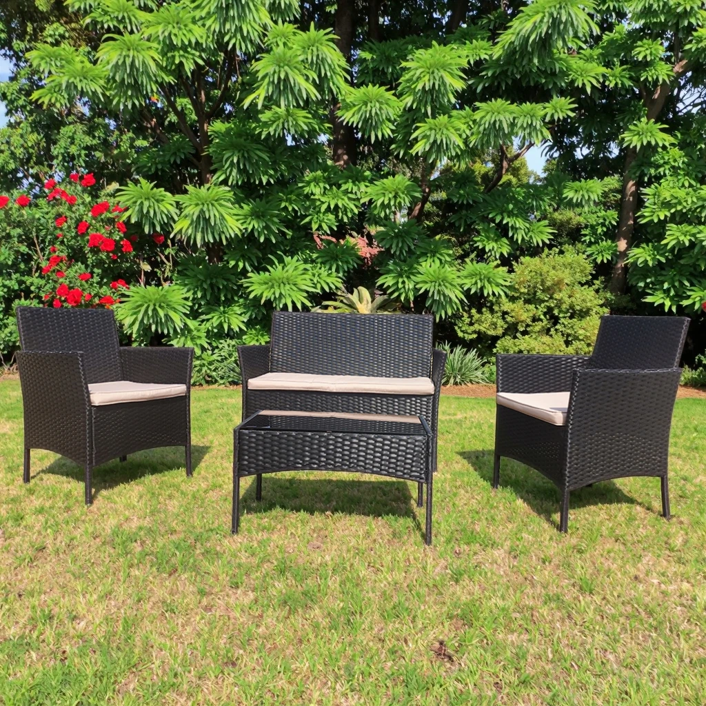 Modern Outdoor Classical Wicker Leisure Chair Set Garden Furniture 4 Sets Apartment Pe Rattan Chair and Table