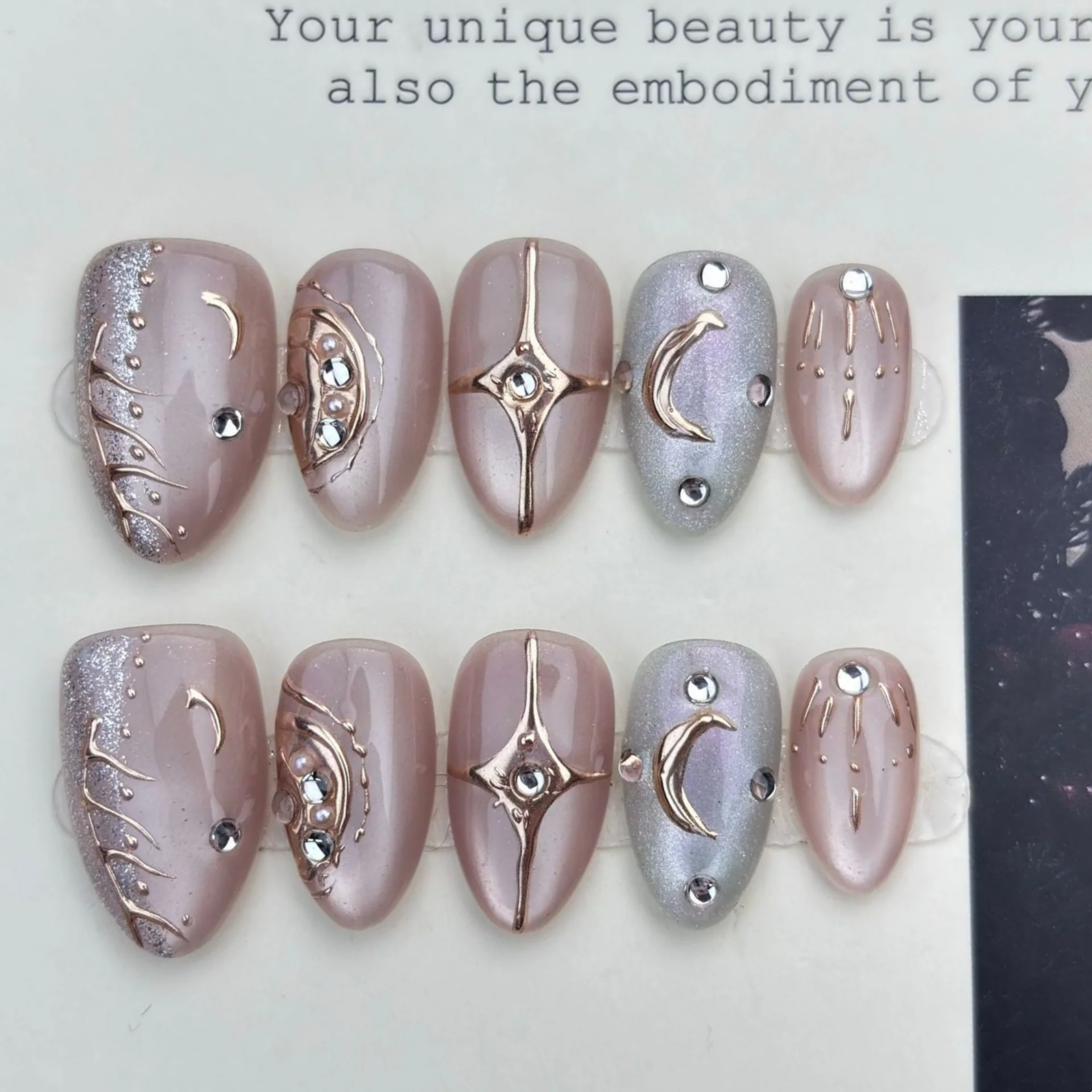 10pcs Glitter Pink Nails Tips Short Almond Handmade Fake Nail Art with Rhinestone Design False Nail Golden Lines Press on Nails