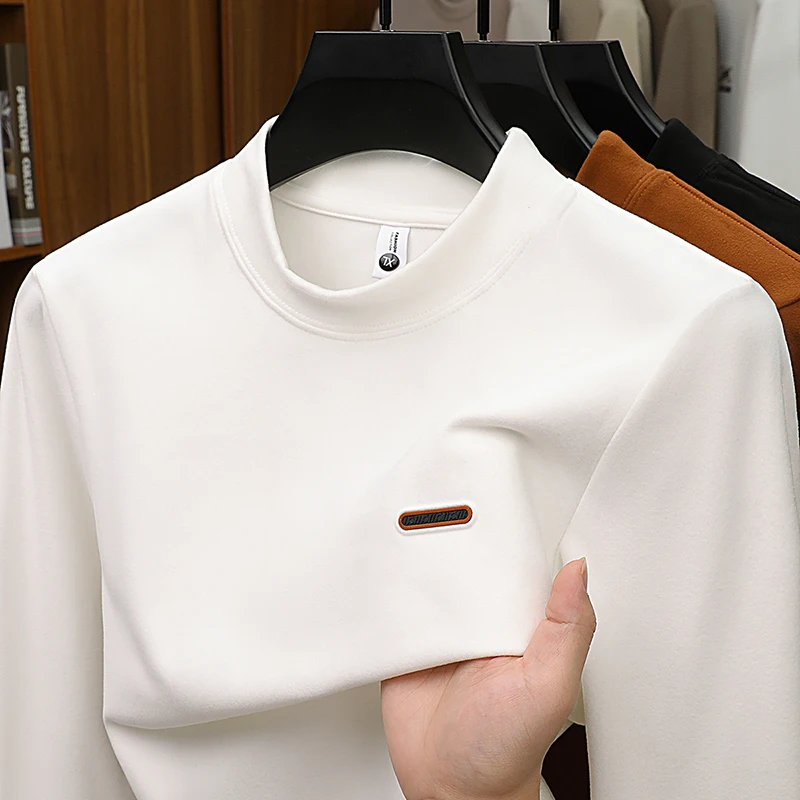 Quality Man Long-Sleeved T-Shirt Velvet Fleece Pilling-Resistant Mock Neck Versatile Winter New Fashion Casual Hot Mens Clothing