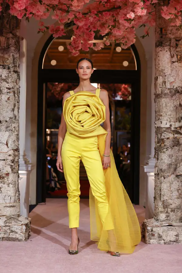 High End Bright Yellow Bloom Women Jumpsuits To Formal Party Fashion Handmade Flower Stretchy Female Long Pant