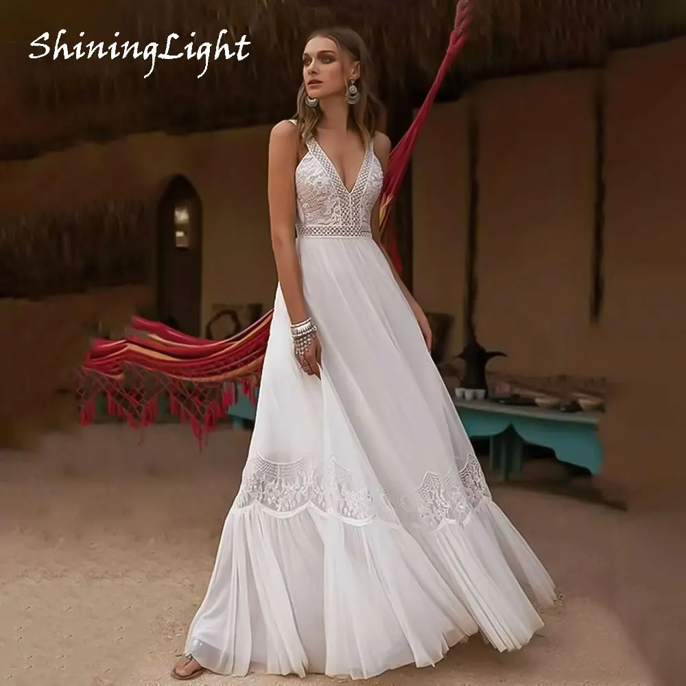 

ShiningLight Beach A Line Wedding Dresses Sleeveless V Neck Spaghetti Straps Lace Bohemian Bride Gowns for Women Customized