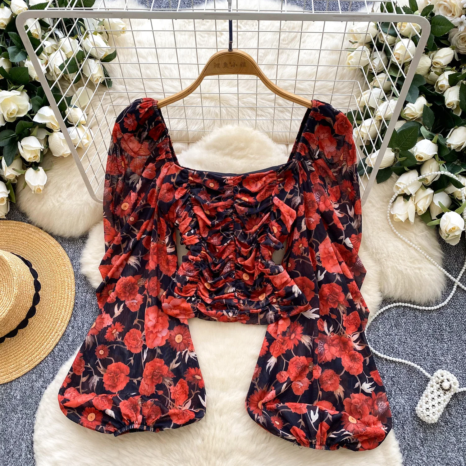 Y2k Goth Spice Girl chic mesh print pleated long sleeve T-shirt Women Shirt Female Slim Tops women clothing