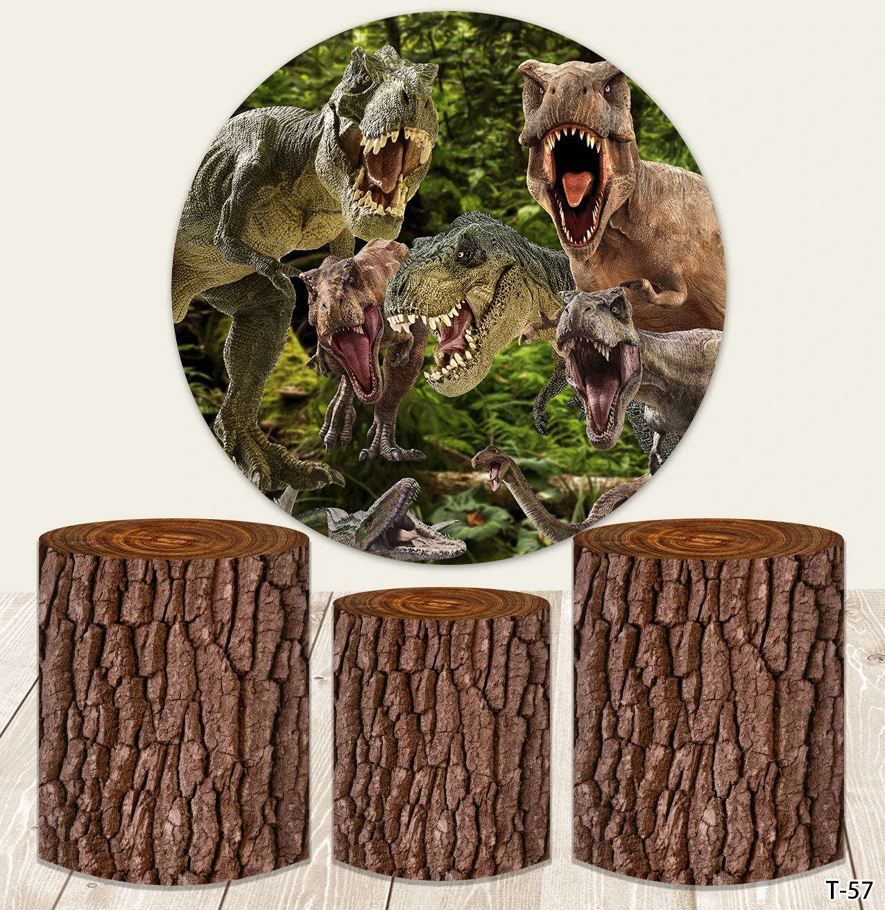 Cartoon Forest Jurassic Dinosaur Round Backdrop Cover Boys Birthday Party Circle Background Wood Green Leaves Plinth Covers