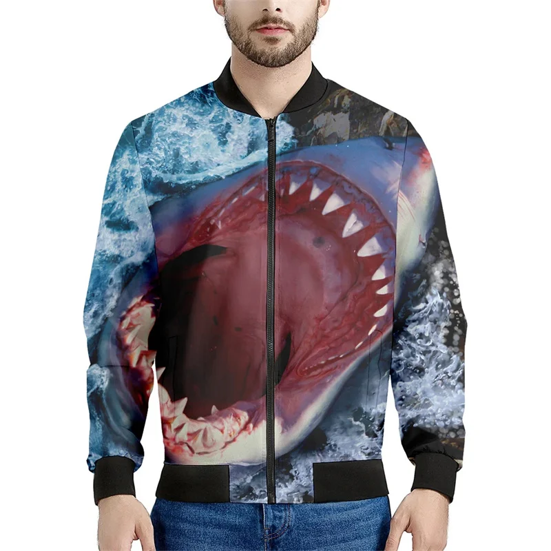 Funny Shark Pattern Jacket For Men Animal 3D Printed Long Sleeves Spring Autumn Oversized Tops Zipper Jackets Coat Streetwear