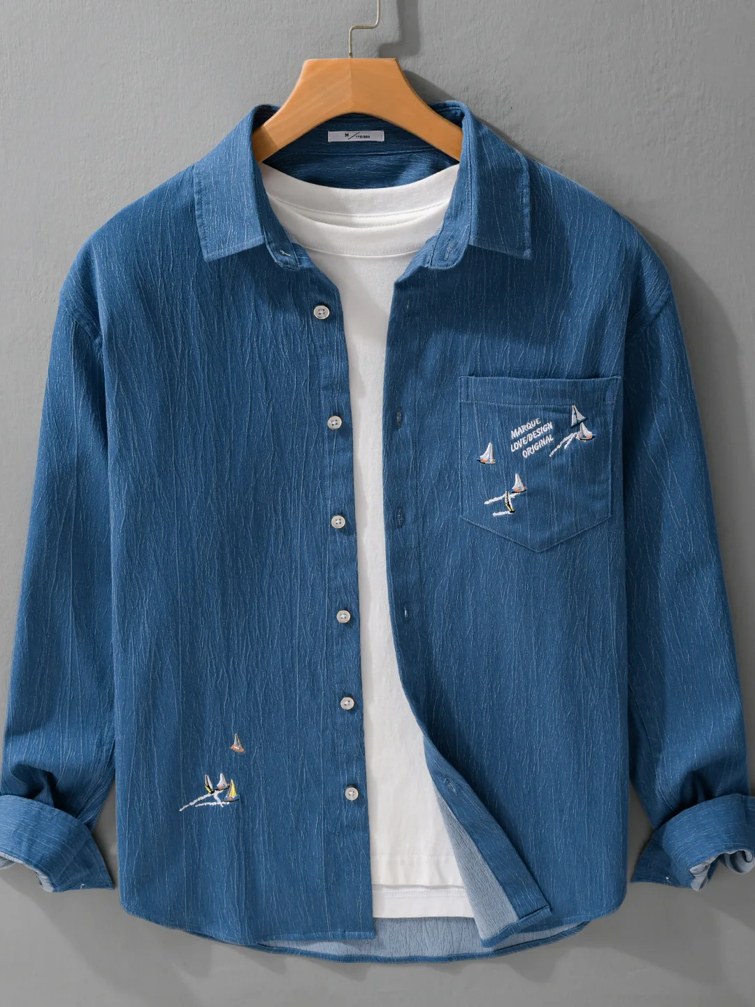 

Long Sve Embroidered Casual irt Men's Autumn New Sle Elastic Mixed Fabric Lyocell Leisure irt Faion Design