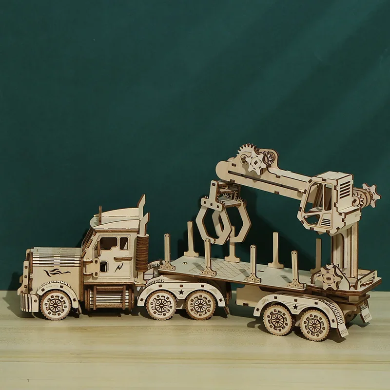 Wood 3d Puzzle Truck Crane Model Handmade Customized Wooden Building Block Kits DIY Assembly Jigsaw Toy for Kids Adults Gift