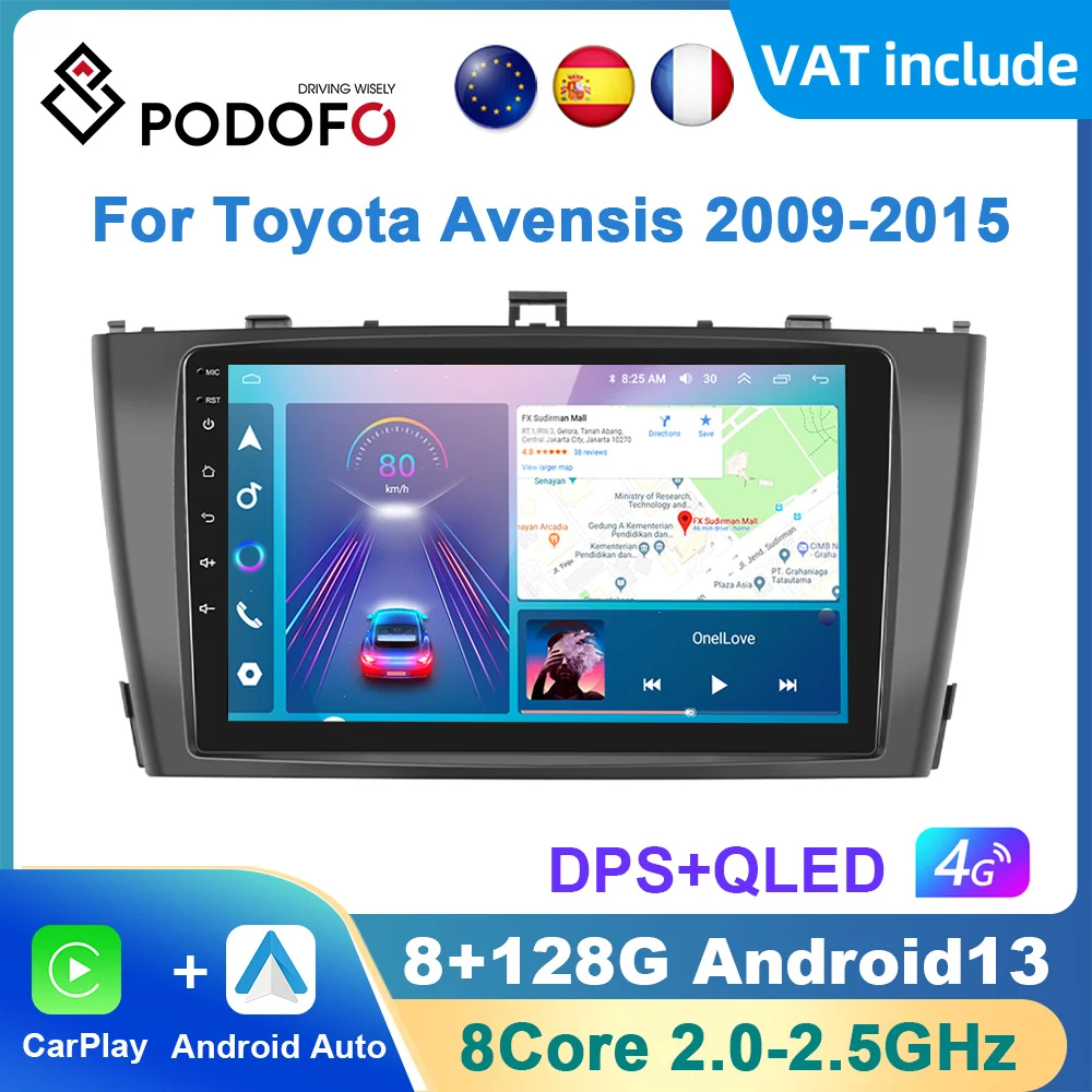 Podofo Car Android CarPlay Radio For Toyota Avensis 2009-2015 2din Car Multimedia Player Autoradio Video AI Voice GPS Navi WiFi