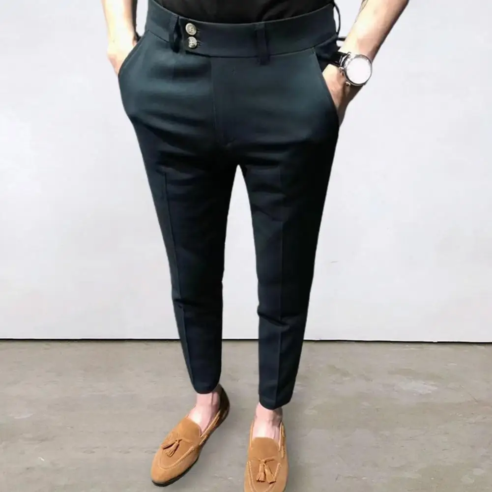 Trendy Men Ninth Pants Slim Fit Ninth Suit Pants Formal Anti-wrinkle Mid Waist Men Ninth Pants  Gentle