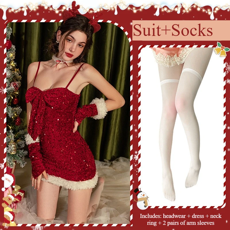 Women Christmas Theme Spaghetti Strap Bodycon Mini Dress Sparkly Detail Fuzzy Trim with Headwear Choker Arm Cuffs Party Outfit view 6