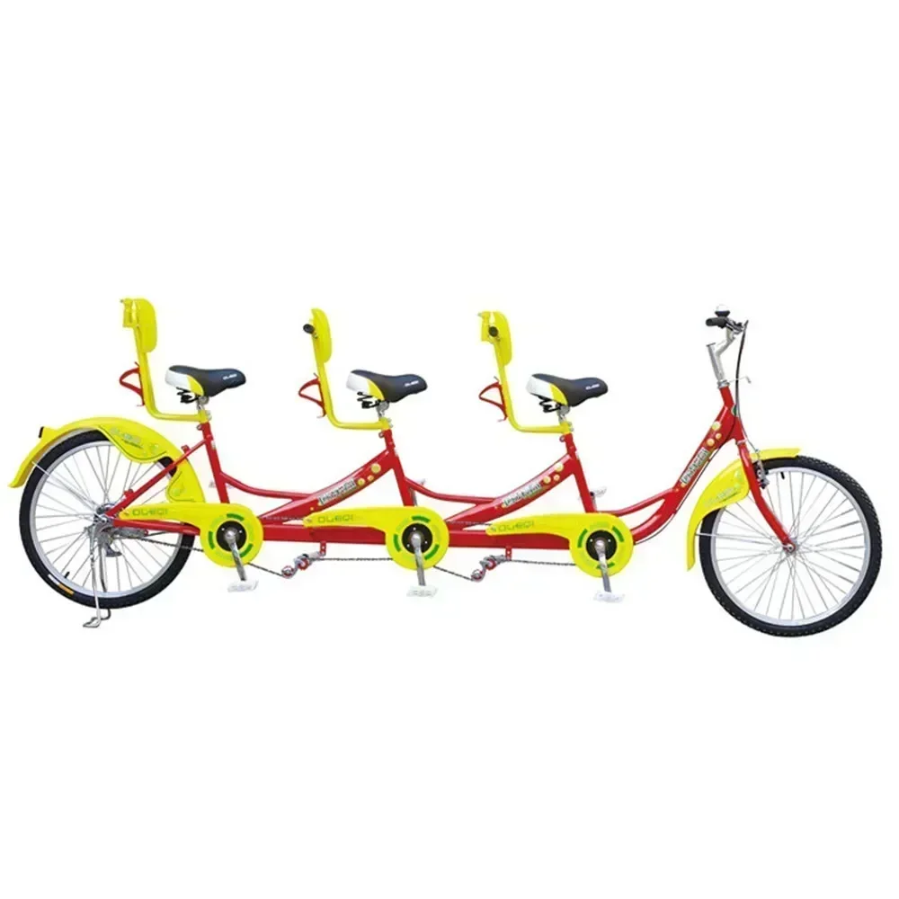 Tandem-Fahrrad, Beach-Cruiser-Fahrrad für Erwachsene, 3-Fahrer-Fahrrad, 20/24/26-Zoll-Räder, Stahlrahmen, Legierungs-V-Bremse, Gelb/Rot/Grün