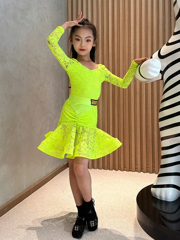 蛍光黄色ラテンダンスドレス子供競技衣装ボディスーツスカート女の子チャチャダンスパフォーマンスウェア DL11435