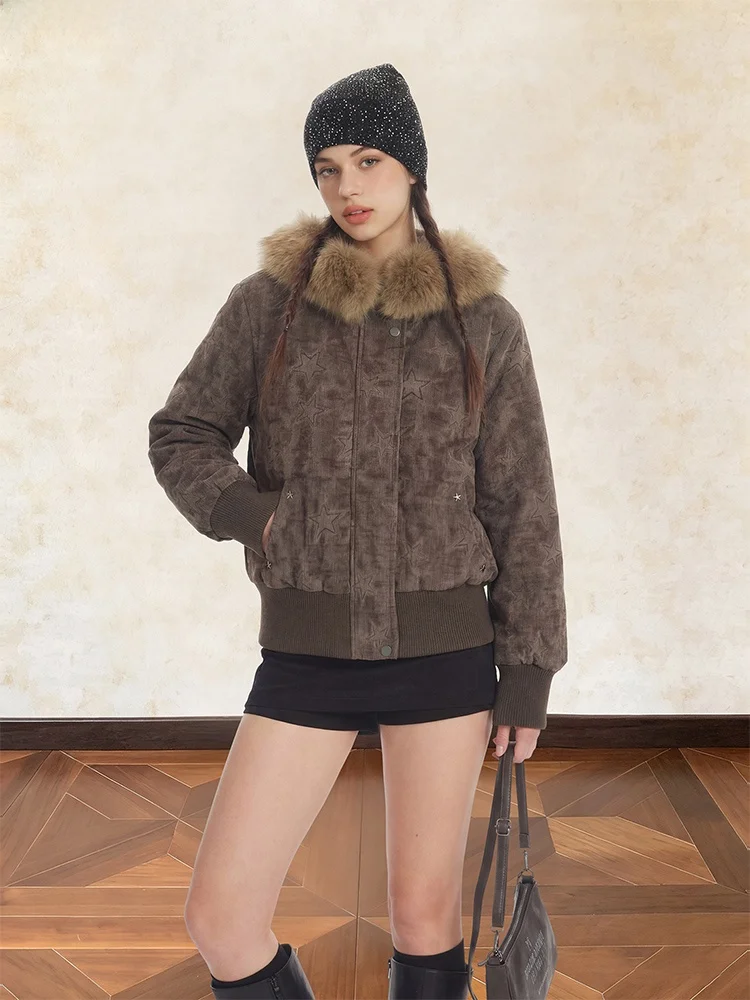 

Утепленная женская куртка в американском ретро-стиле с капюшоном, хлопковая, синяя, с меховым воротником, на молнии, зимняя, теплая