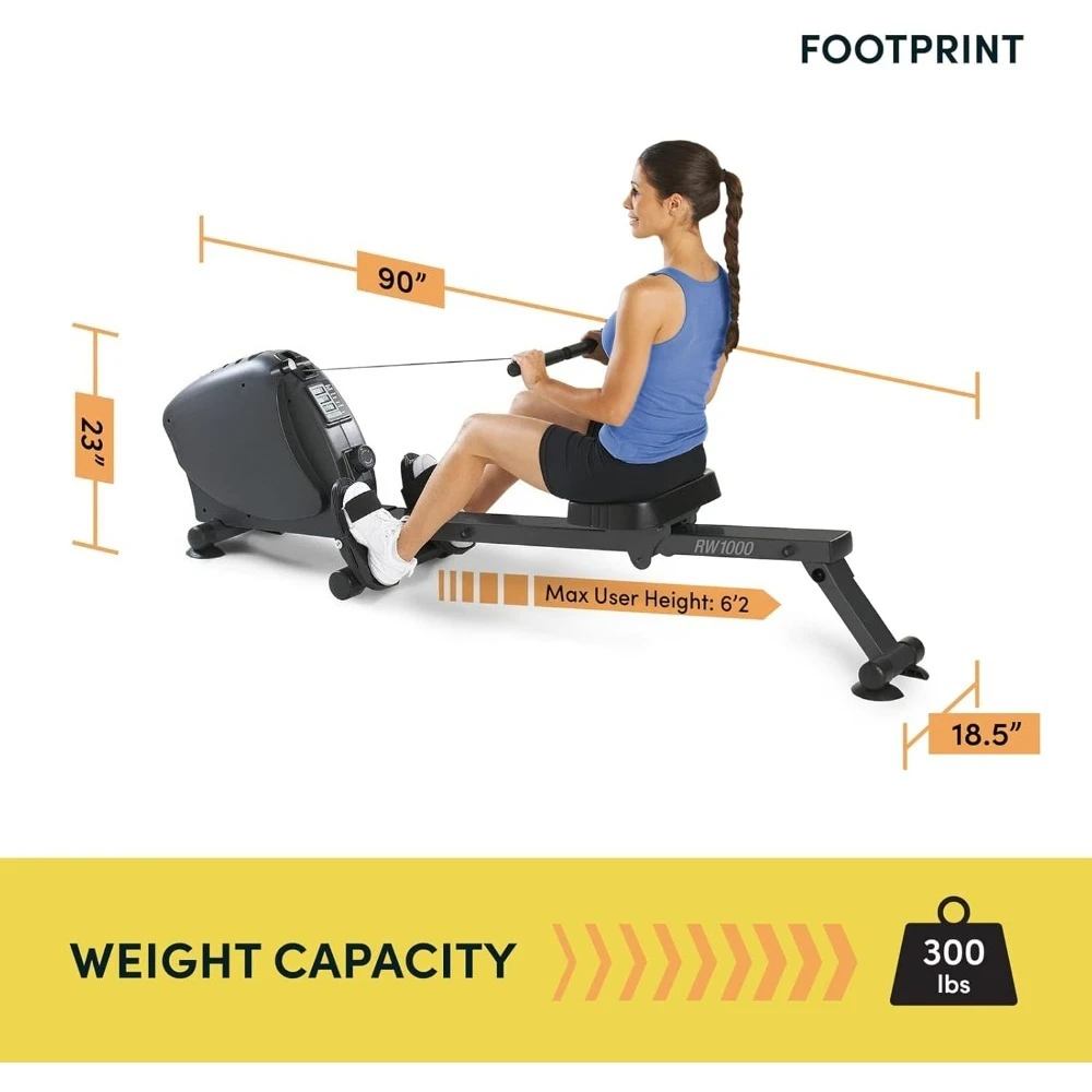 เครื่องกรรเชียงบกแบบพับได้ RW1000 สำหรับใช้ในบ้าน/สำนักงาน, ระบบต้านทานแม่เหล็กเงียบพิเศษ, ใช้พลังงานจากแบตเตอรี่, สีชาร์โคล