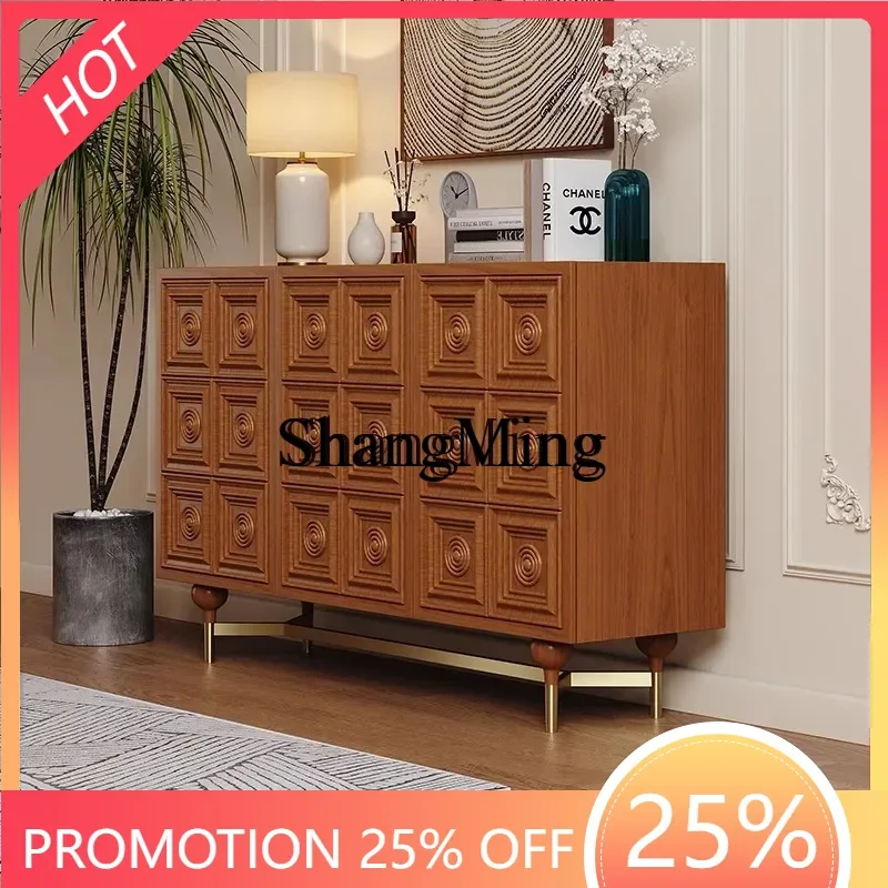 

SM medieval style solid wood dining side cabinet retro living room wall storage carved decorative entrance cabinet