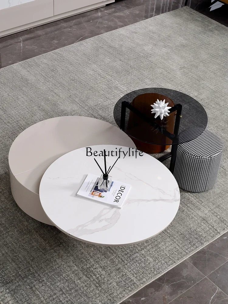 Cream Style Stone Plate Coffee Table Simple and Light Luxury round Rotatable Living Room Nordic Fresh