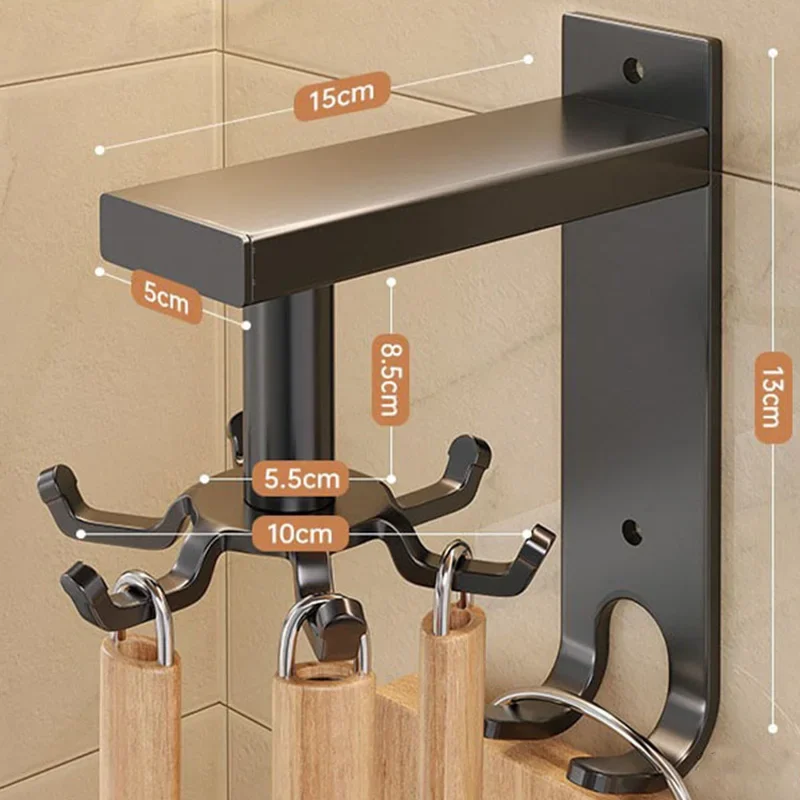 Kitchen Rotary Hook Wall Mounted Rack For Tool Aluminum Storage Hanger 6 8 10 Pegs No-hole Punching