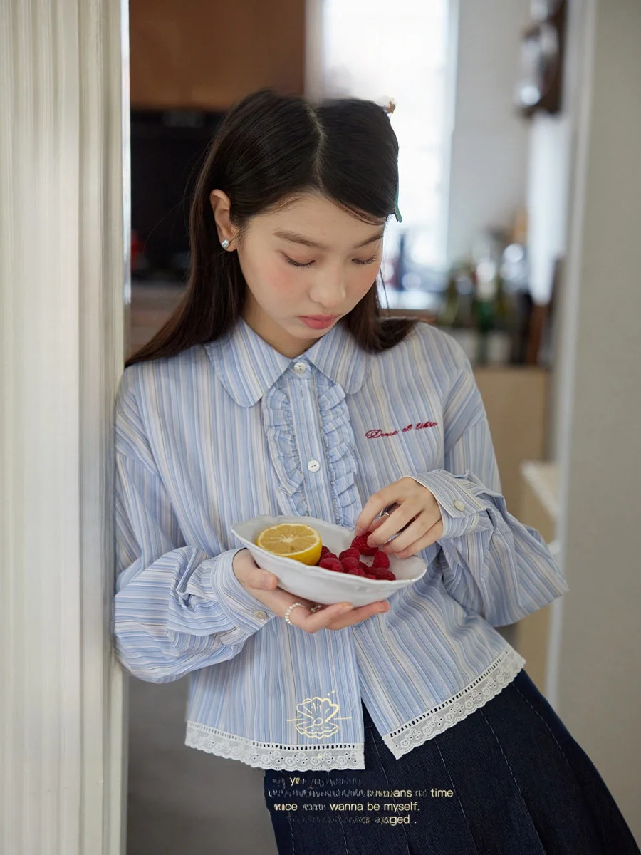 

Nov Et Cotton Embroidered Long Sve irt ort Sle Button up Casual Top Vintage Commute Loose Fit Pure Cotton Fabric