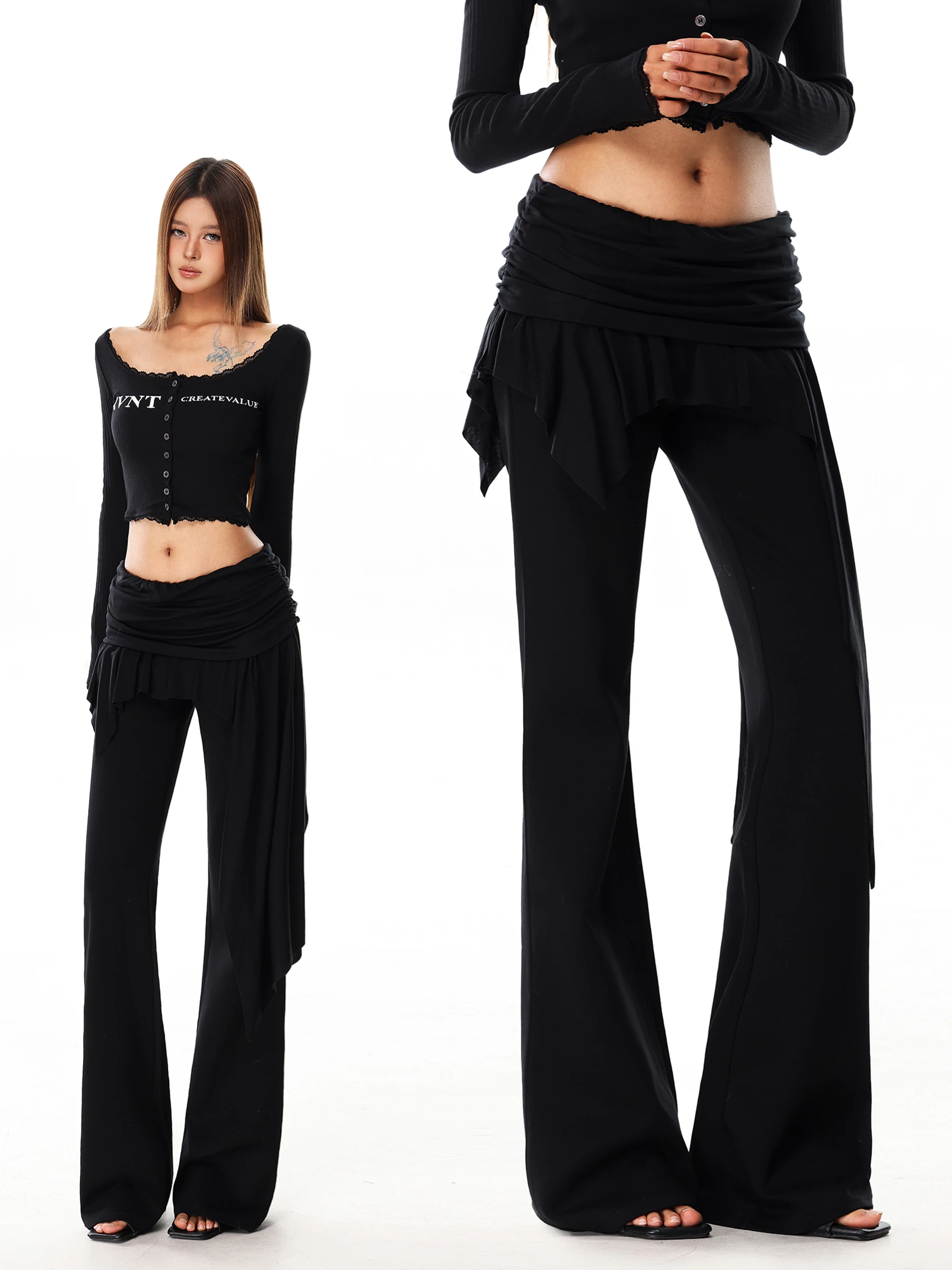 

November Holiday Two-Piece High Waist Bell Bottom Pants Women's Spring Design Ballet Slim Fit Sweatpants Trendy Micro Flare P...