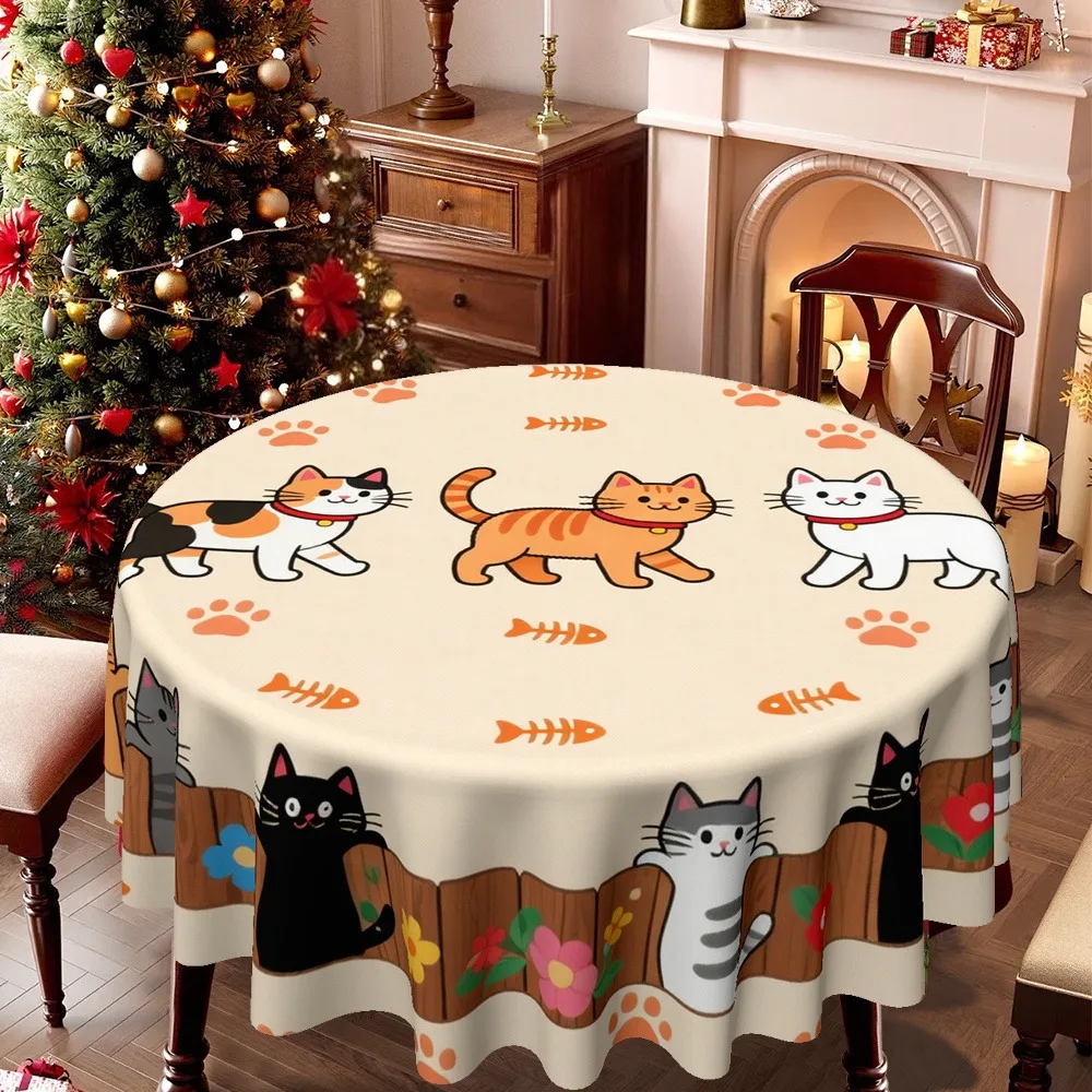 A round tablecloth featuring a design of Christmas cat paws and flowers.