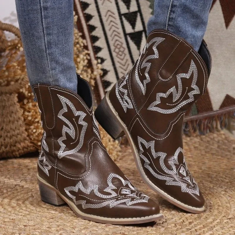 NEW Embroidery Botas Mujer Faux Leather Cowboy Ankle Boots for Women Wedge High Heel Boots Snake Print Western Cowgirl Boots 43