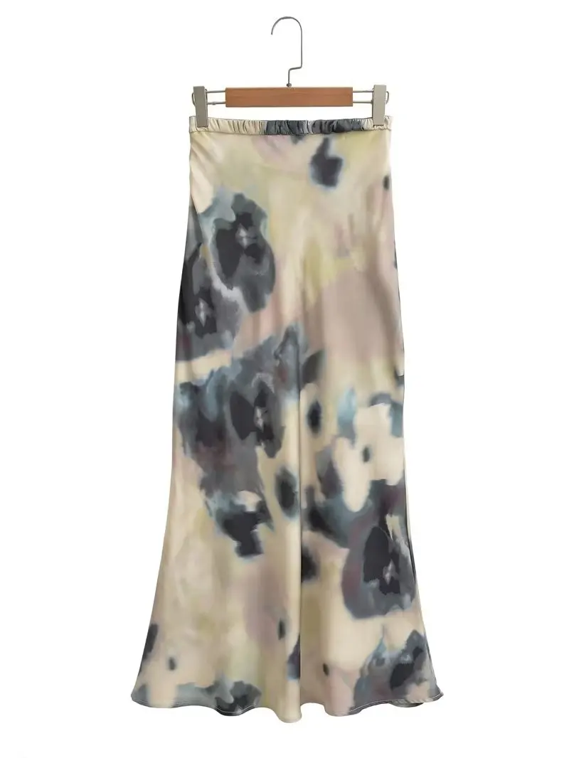 

Print Satin Midi Skirt Vintage Elastic High Waist Flared hem Women's Fashion Tie Dye High Street Female Chic Lady Casual Skirts