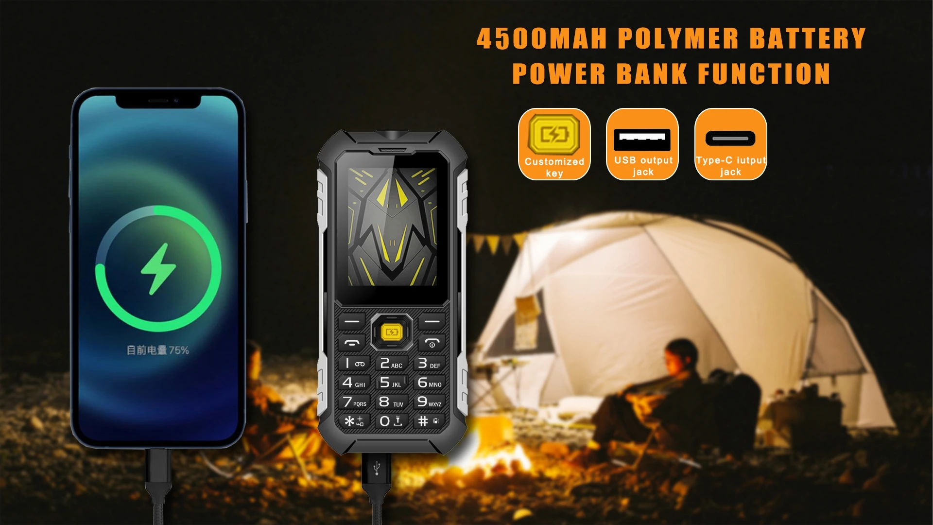 EAOR 4G Feature Keypad Phone Waterproof Rugged 4500mAh Power Bank High Brightness Torch Volume Side Key SOS One Click Dialing