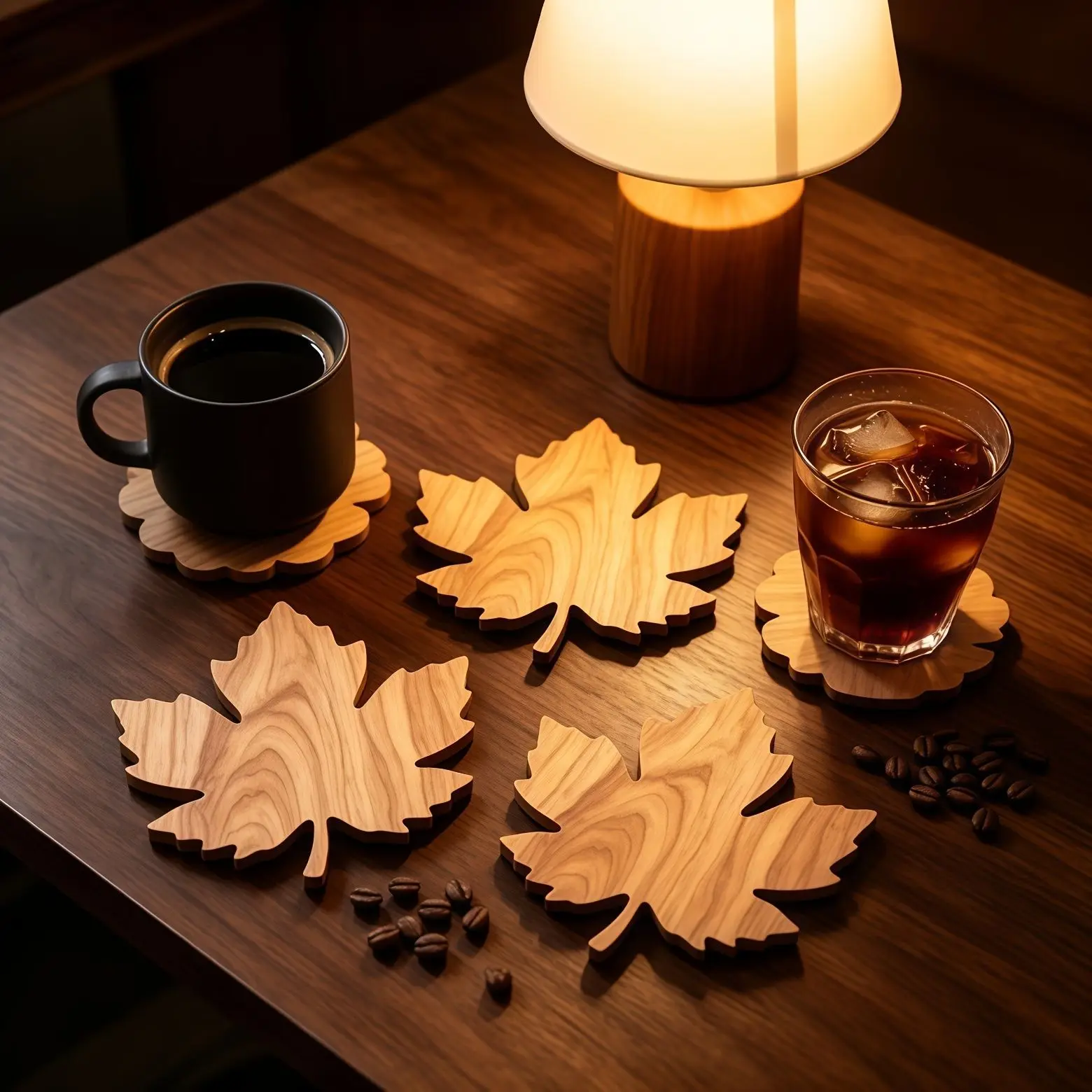 3 Pieces of 2D Brown Leaf Shaped Wooden Coasters Heat-resistant Furniture, Dining Table, Family Natural Style