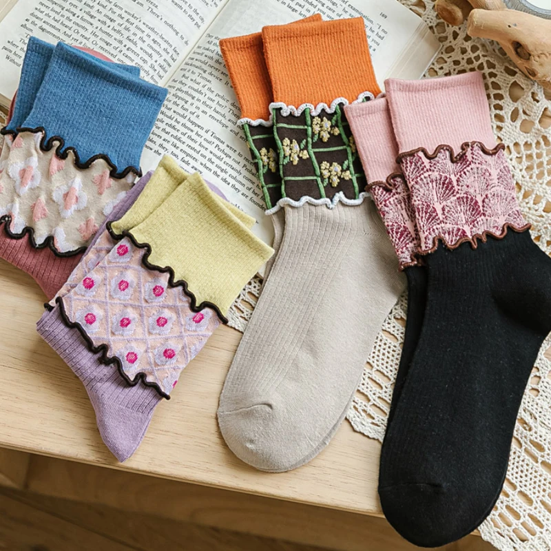 5 Pairs Ladies' Socks Set Japanese Harajuku Retro Floral Trendy Versatile Casual Fashionable Quality Cotton Socks For Girl