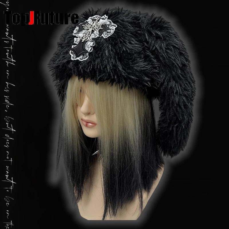 Women  Japanese Harajuku Y2K Girls Long Rabbit Ear Hat Gothic Lolita fluffy cross Warm Bunny Ear Caps Streetwear Beanie Hat
