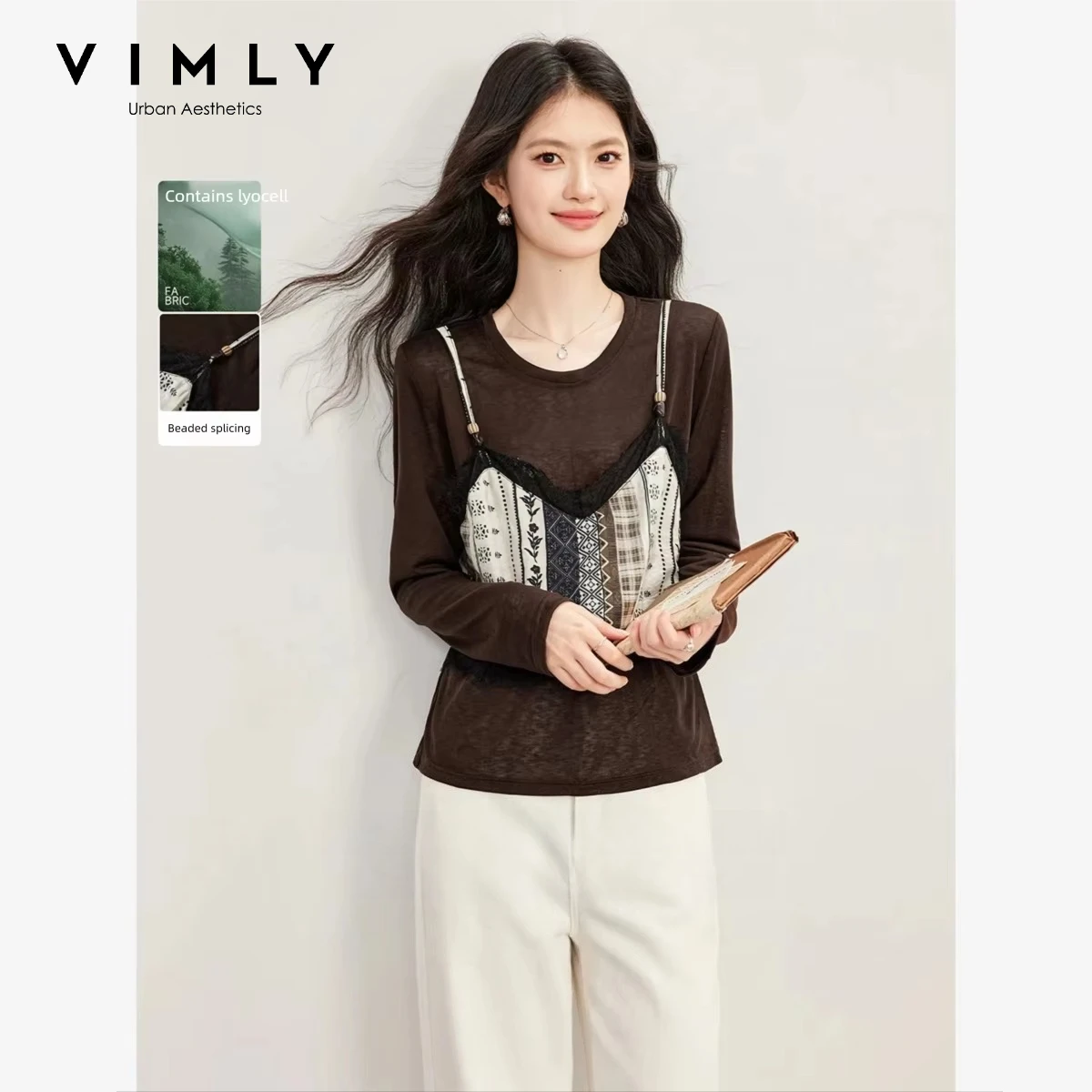 VIMLY Fake Two-piece Spliced Long Sleeve T-shirt for Women 2026 Autumn Korean Stylish Vintage Coffee Pullover Elegant Top 31875
