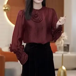 Red Base Shirt for Women in Early Autumn 2024 High-end Round Neck with Bubble Sleeves Top with Three-dimensional Flower Shirt
