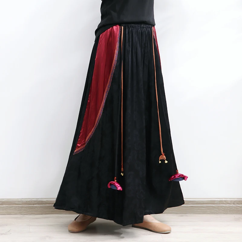 TIYIHAILEY Free Shipping 2022 New Vintage Long Maxi Elastic High Waist Women Skirt Poplin National A-line Black