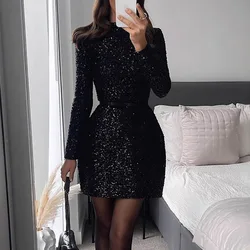 Fashion Ladies O-neck High Waisted Short Dress New Winter Christmas Party Dress Shiny Sequins Long Sleeved Women's Banquet Dress