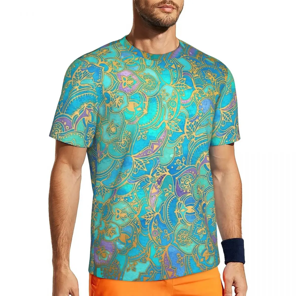 Metaliczna złota koszulka retro Boho mandale modne koszulki na siłownię z krótkim rękawem szybkoschnące topy letnie koszulki w stylu vintage Oversize