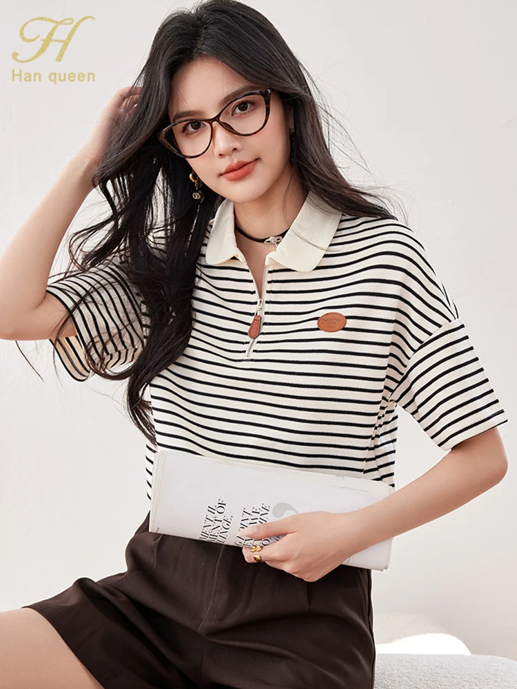 H Han Queen Summer Tops Simple Stripe Short Sleeve Blouse  Casual T-Shirts Vintage Loose Blouses Korean Style Women\'s Clothing