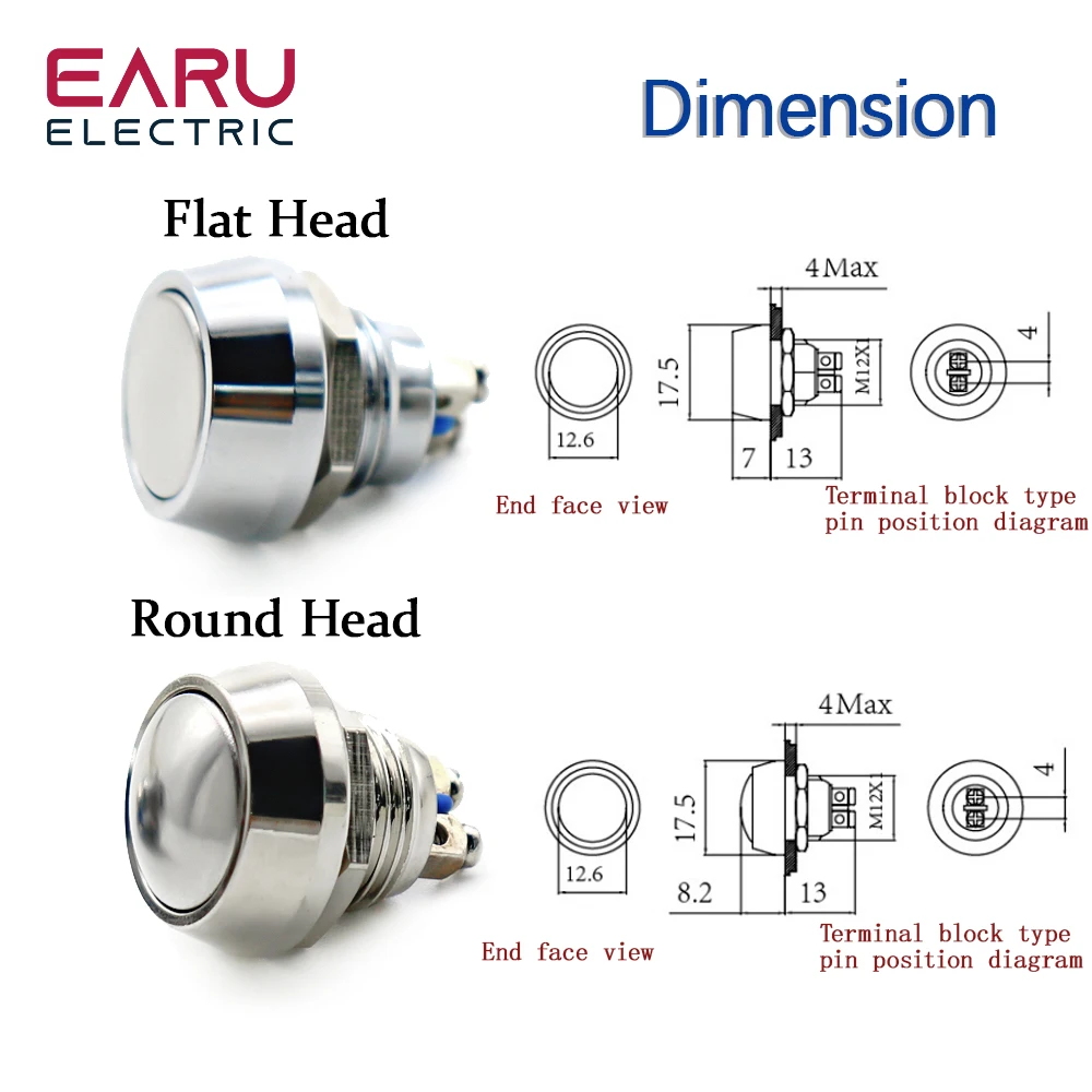 12mm 1NO Round Flat Head Waterproof Momentary Reset Metal Push Button Switch Screw Terminal Car Engine Doorbell PC Power Switch