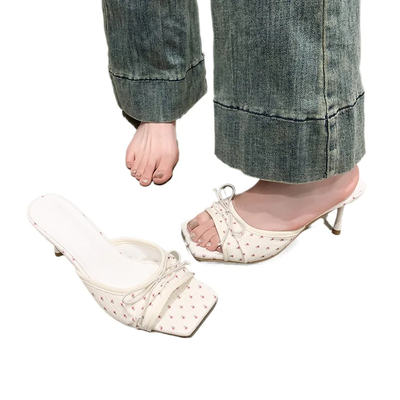 

Fashion Square Toe Slip On Shoes Ladies Outdoor Party Dress Slides Summer Floral High Heels Women Slippers
